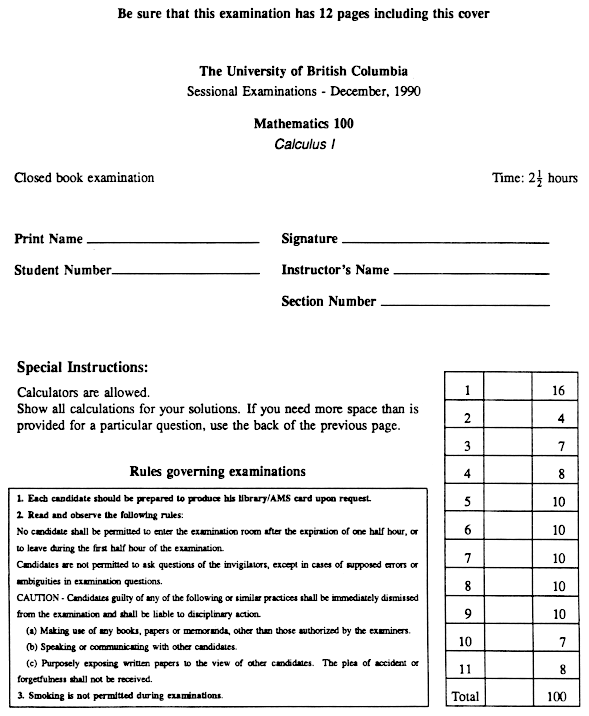 TwelveByTwelve (TBT): UBC Math 100 final exam, p. 1