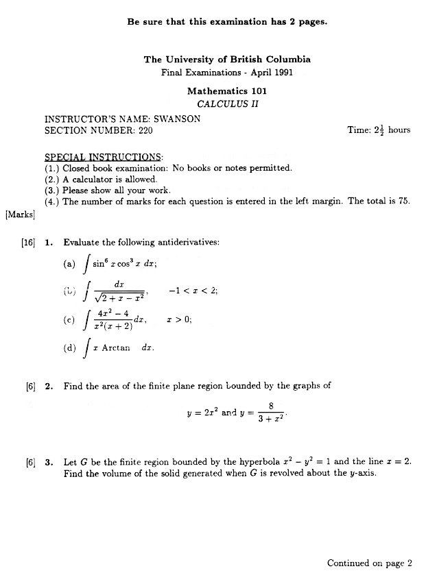 TwelveByTwelve (TBT): Final examination in Math 101, Calculus II, written by Marko at the age of 12:07, p. 1